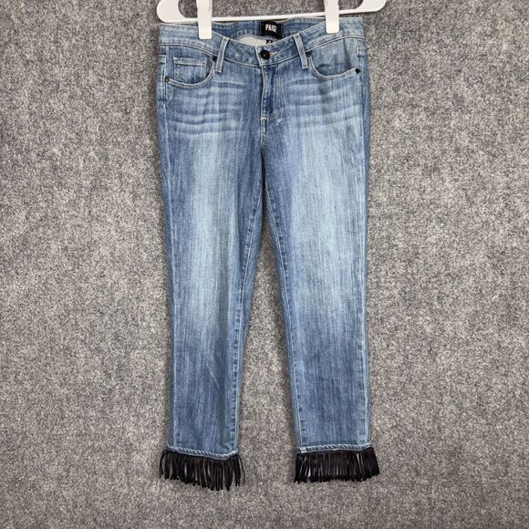 Paige Jimmy Jimmy Ankle Jeans Womens Size 25 Blue Leather Fringe Crop - Picture 1 of 11
